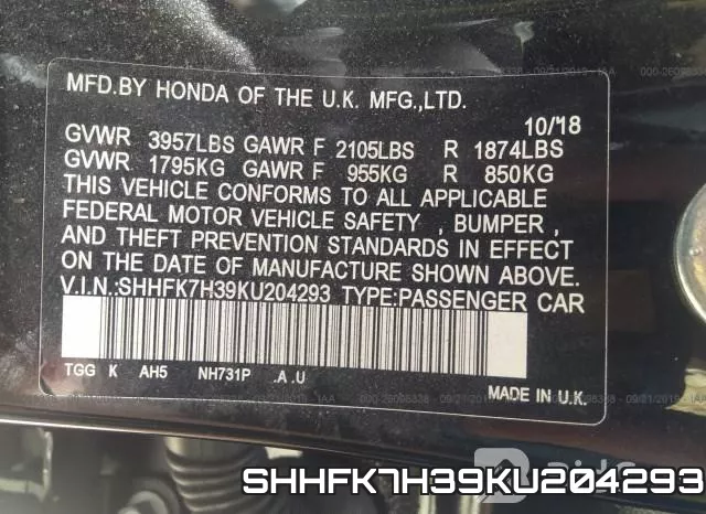 SHHFK7H39KU204293 фото 10