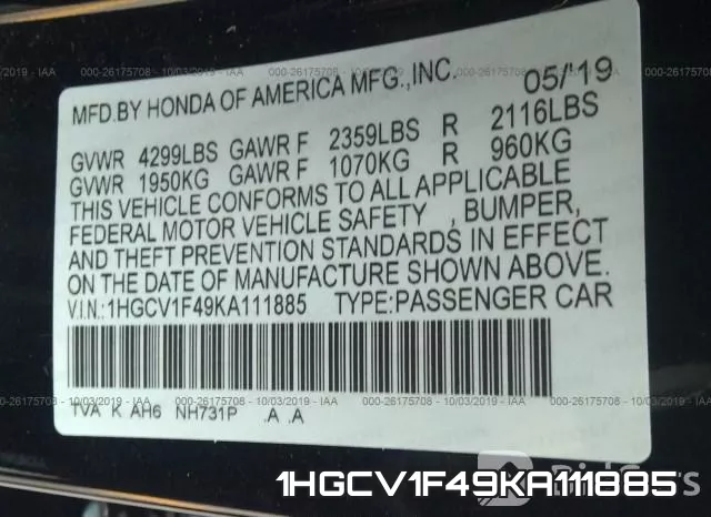 1HGCV1F49KA111885 фото 9