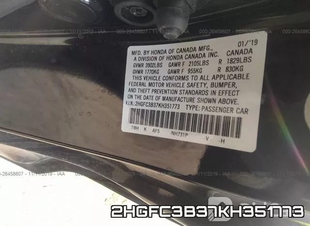 2HGFC3B37KH351773 фото 8
