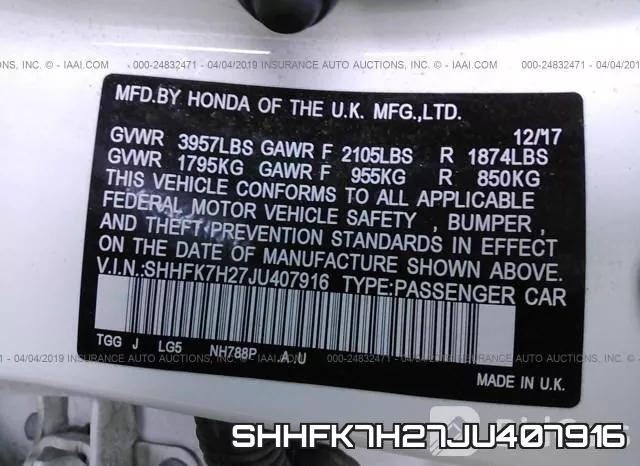 SHHFK7H27JU407916 фото 10