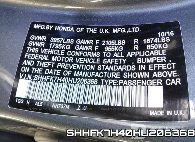 SHHFK7H40HU206368 фото 10