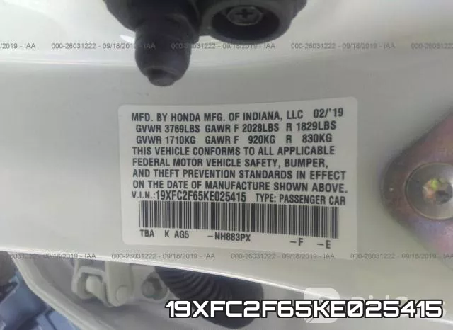 19XFC2F65KE025415 фото 10