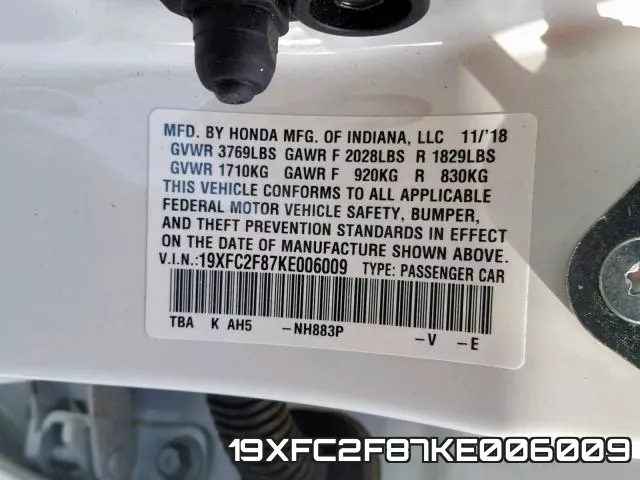 19XFC2F87KE006009 фото 2