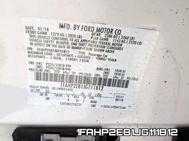 1FAHP2E81JG111812 фото 2