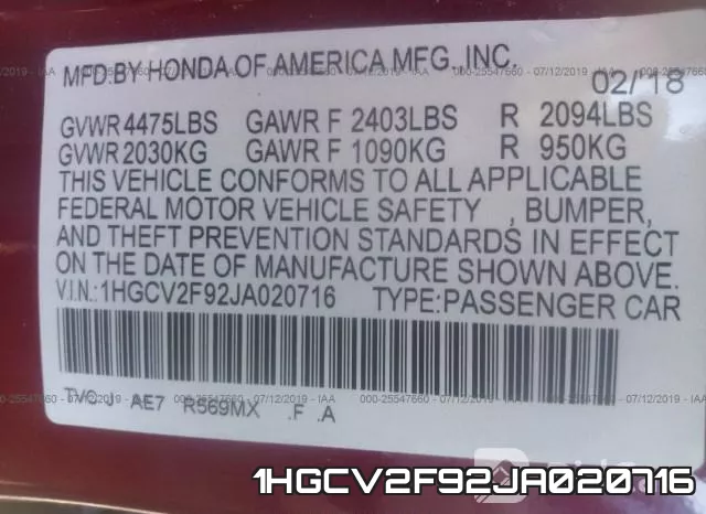 1HGCV2F92JA020716 фото 10