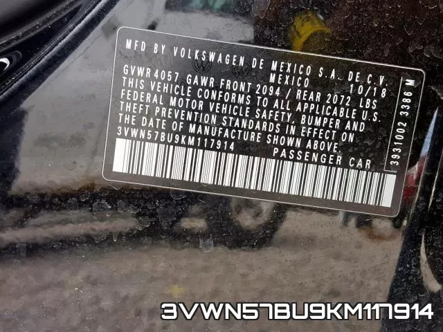 3VWN57BU9KM117914 фото 2