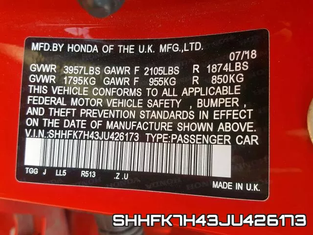 SHHFK7H43JU426173 фото 2