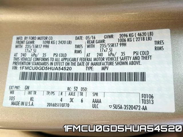 1FMCU0GD5HUA54520 фото 2