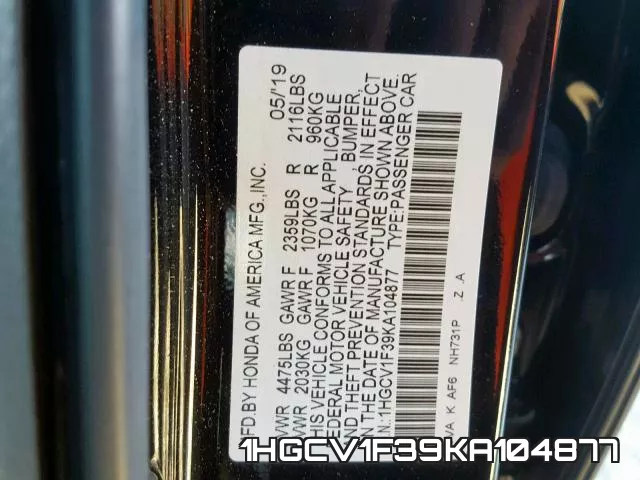 1HGCV1F39KA104877 фото 2