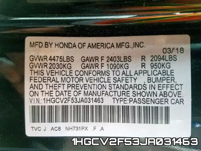1HGCV2F53JA031463 фото 2