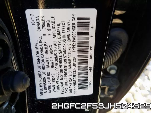 2HGFC2F53JH504329 фото 2