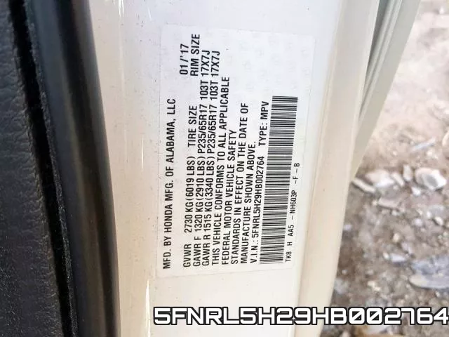 5FNRL5H29HB002764 фото 2