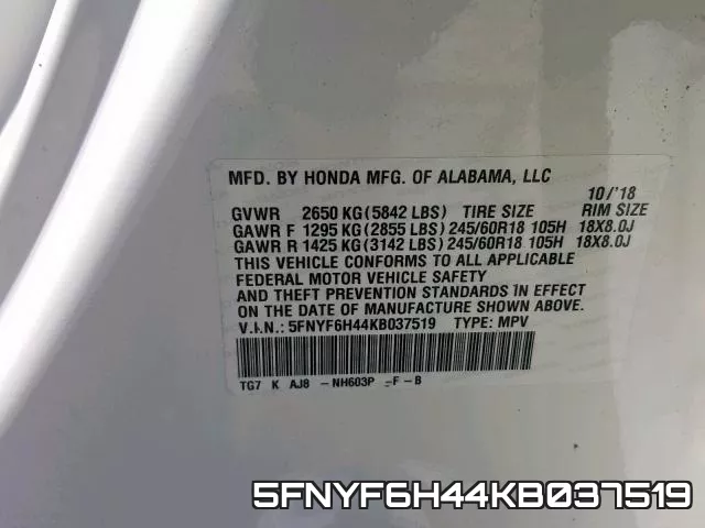 5FNYF6H44KB037519 фото 2