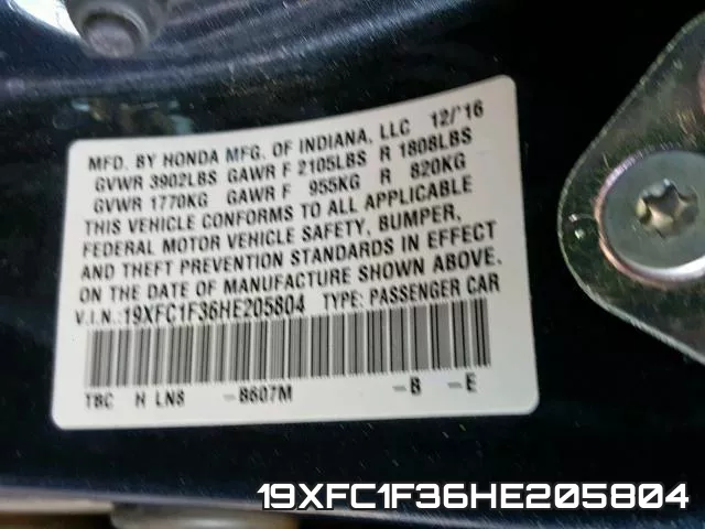 19XFC1F36HE205804 фото 2