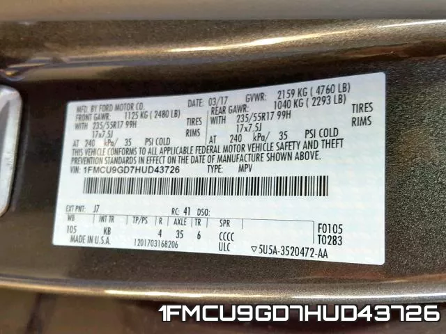 1FMCU9GD7HUD43726 фото 2