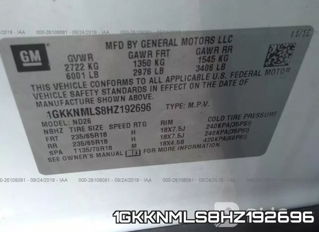 1GKKNMLS8HZ192696 фото 10