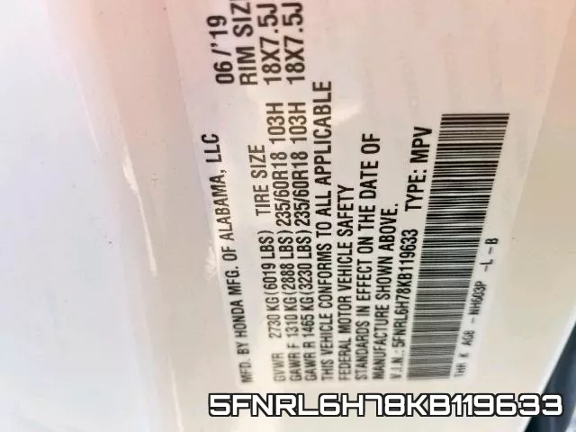 5FNRL6H78KB119633 фото 2