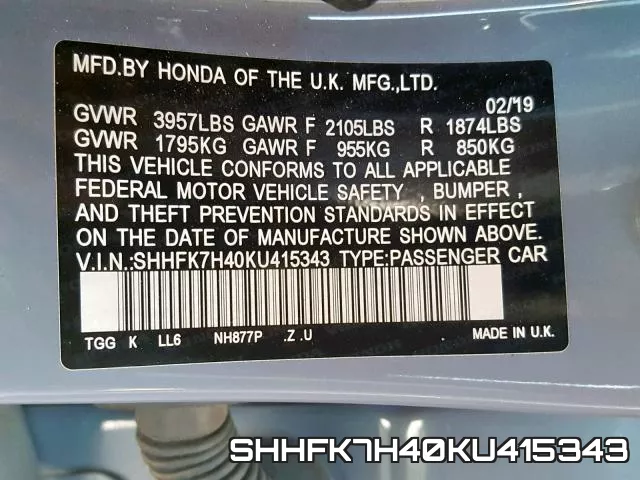 SHHFK7H40KU415343 фото 2