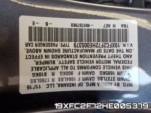 19XFC2F72HE005379 фото 2