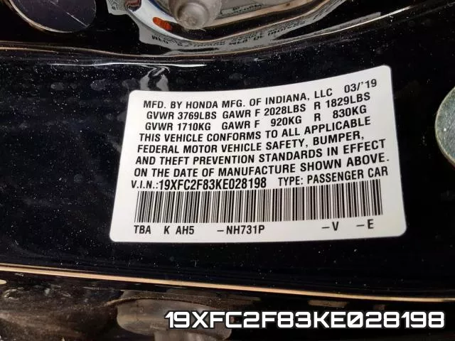 19XFC2F83KE028198 фото 2
