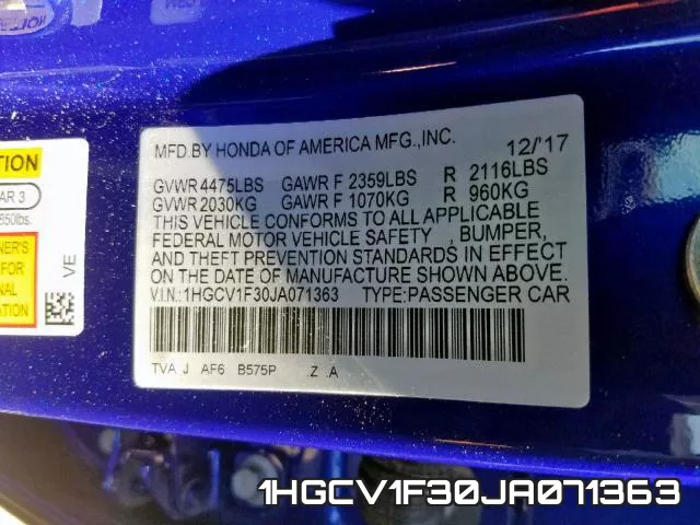 1HGCV1F30JA071363 фото 2