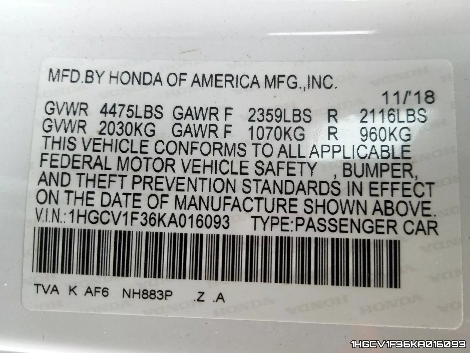 1HGCV1F36KA016093 фото 2