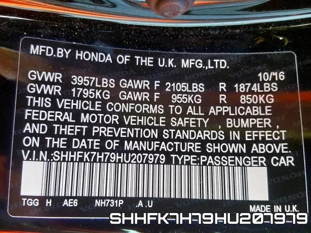 SHHFK7H79HU207979 фото 2