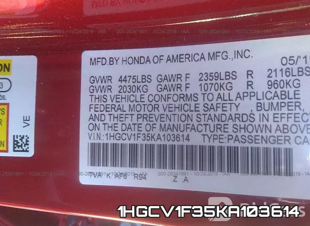 1HGCV1F35KA103614 фото 10