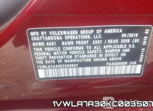 1VWLA7A30KC003507 фото 10