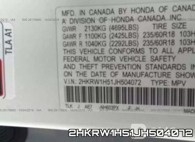 2HKRW1H51JH504072 фото 10