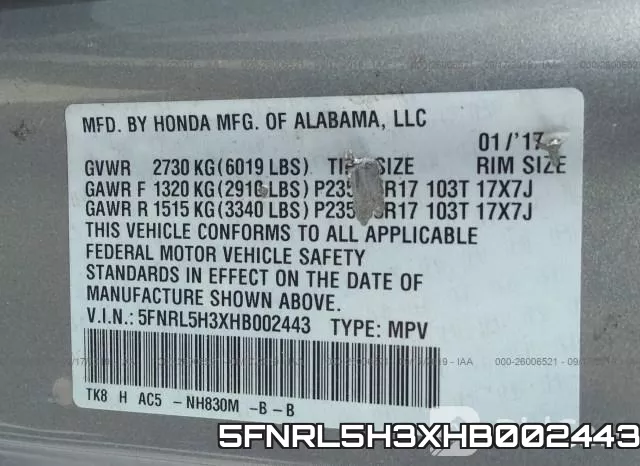 5FNRL5H3XHB002443 фото 10