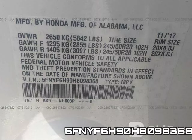 5FNYF6H90HB098368 фото 10
