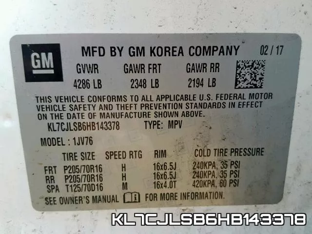 KL7CJLSB6HB143378 фото 2