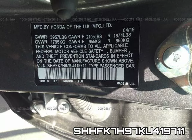 SHHFK7H97KU419711 фото 10
