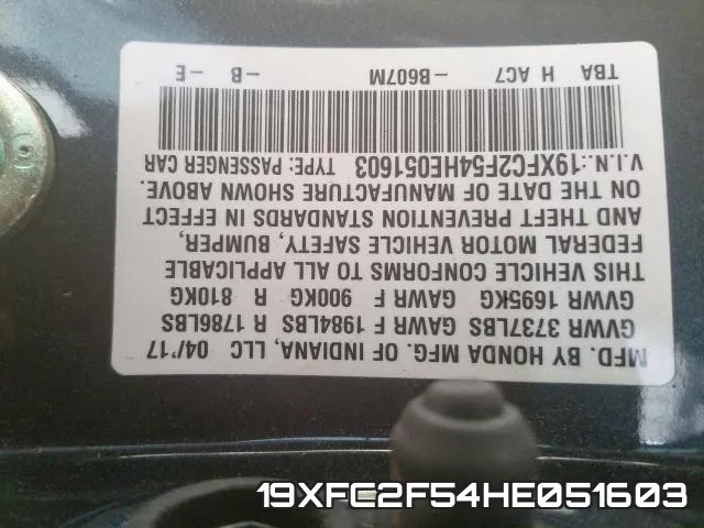 19XFC2F54HE051603 фото 2