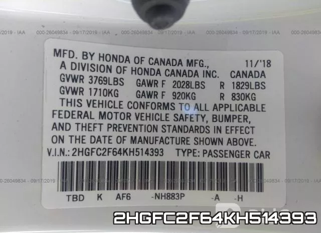 2HGFC2F64KH514393 фото 10