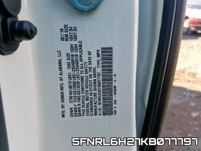 5FNRL6H27KB077797 фото 2