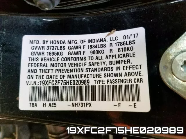 19XFC2F75HE020989 фото 2