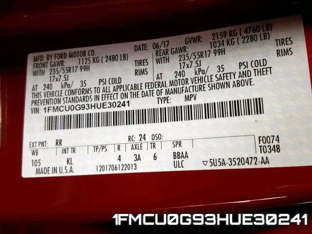 1FMCU0G93HUE30241 фото 2