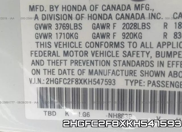 2HGFC2F8XKH547593 фото 10