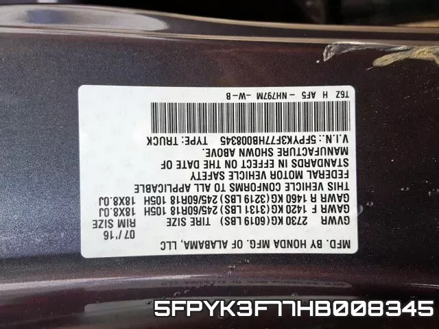 5FPYK3F77HB008345 фото 2