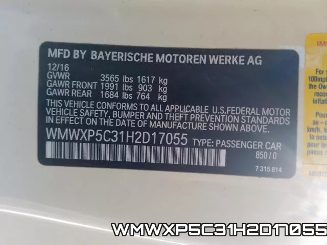 WMWXP5C31H2D17055 фото 2