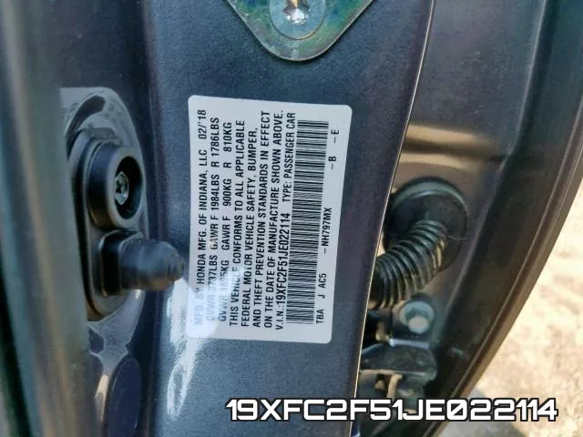 19XFC2F51JE022114 фото 2