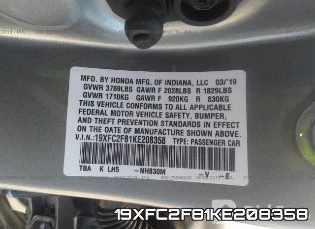 19XFC2F81KE208358 фото 10