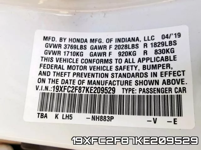 19XFC2F87KE209529 фото 2