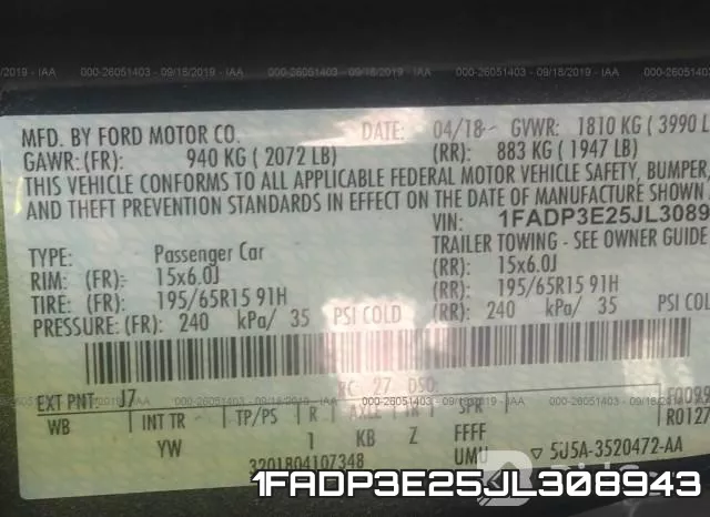 1FADP3E25JL308943 фото 10