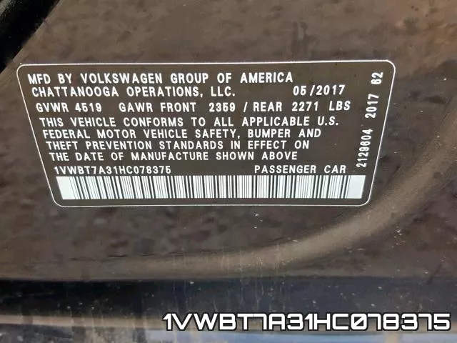 1VWBT7A31HC078375 фото 2