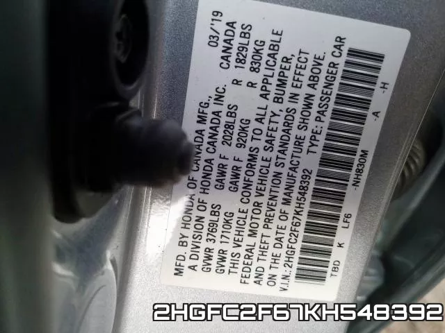 2HGFC2F67KH548392 фото 2
