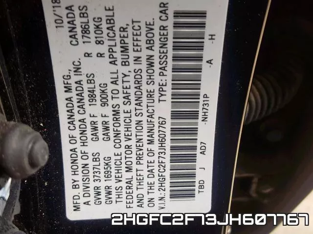 2HGFC2F73JH607767 фото 2