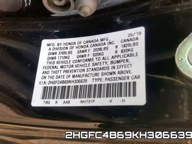 2HGFC4B69KH306639 фото 2